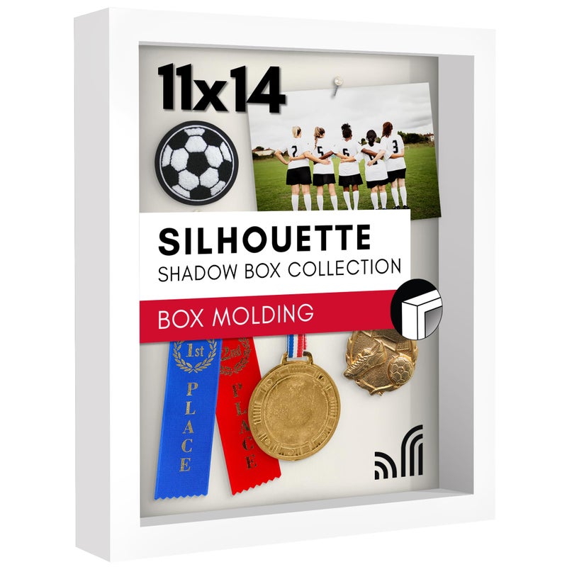 Americanflat Americanflat 11x14 Shadow Box Frame with ShatterResistant Glass  Silhouette Collection  Large Shadow Box Display Case for Tabletop and Wall Display  White with Soft Felt Back 