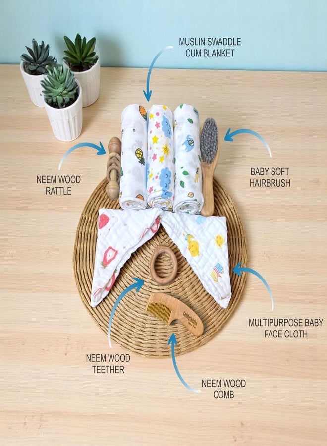Comfy Cheeks 15-Piece Newborn Baby Gift Hamper | Baby Essentials Set with Muslin Swaddle, Teether, BPA-Free Rattle & Grooming Accessories | Complete Baby Care Gift Box for Newborns - Image 2