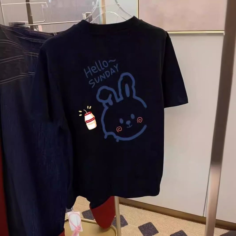 White Fashion Cartoon Rabbit Pure Cotton Right Shoulder Short-Sleeved T-Shirt For Women 2024 Style Loose Round Neck Top Trendy - Image 5