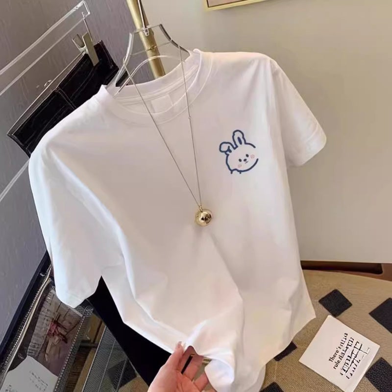 White Fashion Cartoon Rabbit Pure Cotton Right Shoulder Short-Sleeved T-Shirt For Women 2024 Style Loose Round Neck Top Trendy - Image 4