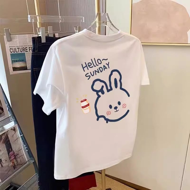 White Fashion Cartoon Rabbit Pure Cotton Right Shoulder Short-Sleeved T-Shirt For Women 2024 Style Loose Round Neck Top Trendy - Image 2