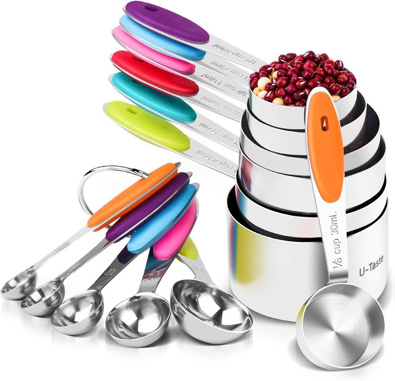 U-Taste Measuring Cups and Spoons Set: 18/8 Stainless Steel Metal Stacking Kitchen Baking Cooking Food Measure Set 7 Cups 5 Spoons with Strengthened Weld Joints (Multicolor, 12 Pieces) - Image 1