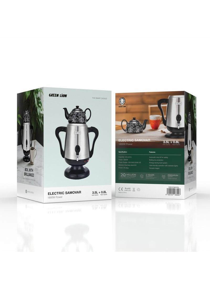 GREEN LION - Electric Samovar / UK Plug / 3.5L Kettle Capacity / 0.8L Teapot Capacity / Boiling Dry Protection / Energy-Saving Dual System / Automatic Shut-Off / User Friendly Operation with Indicator Lights - Silver - Image 1