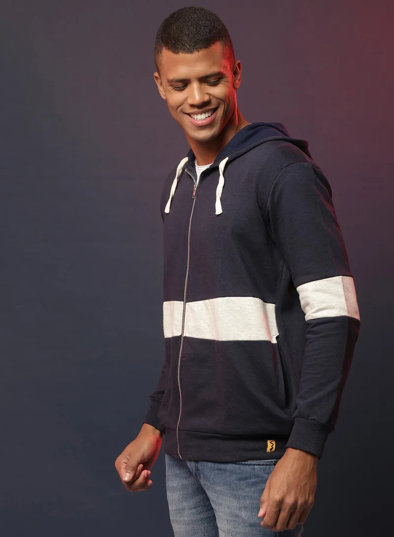 Campus Sutra Men's Navy Blue Contrast-Panel Zip-Front Hoodie