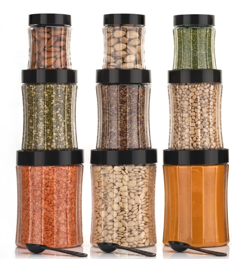 Qshare Kitchen Container Jar Set - Curved Shape Plastic Storage Organizer with Airtight Lid, Perfect Transparent Storage Dabba Box for Grocery, Snacks, Pasta, Masala, Dry Fruits (Black, Set of 12pc) - Image 1