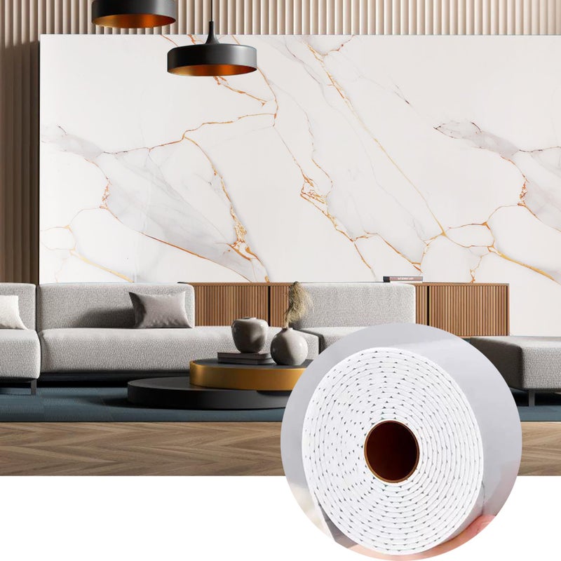 KASARO Peel and Stick Backsplash Wall Tile, 118 Ã— 47 inch Self-Adhesive Thicker Waterproof 3D Panel, PET Marble White with Gold Stripes Decor Accent for Kitchen, Bathroom, 5 Pieces - Image 1