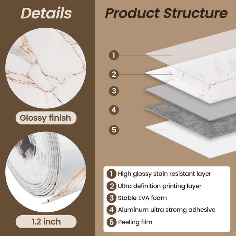 KASARO Peel and Stick Backsplash Wall Tile, 118 Ã— 47 inch Self-Adhesive Thicker Waterproof 3D Panel, PET Marble White with Gold Stripes Decor Accent for Kitchen, Bathroom, 5 Pieces - Image 2