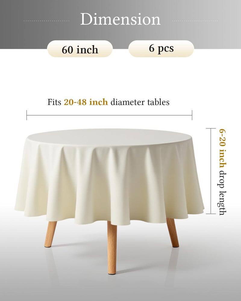 BESTVIP 6 Pack 60" Ivory Ivory Round Decorative Tablecloths | Fits 20"-48" Tables | Polyester Fabric Washable Table Cloth Cover for Wedding, Reception, Banquet, Birthday Party, Buffet, Restaurant - Image 2