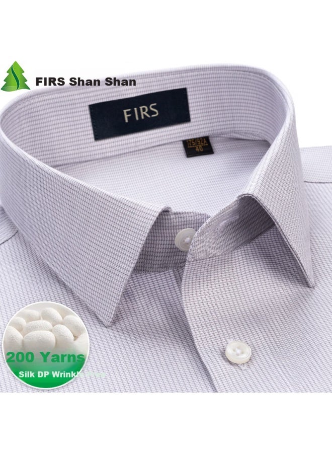 FIRS Shanshan Men'S Long Sleeve High-End Luxury Shirt With 200 Thread Count Mulberry Silk Dp Non-Ironing Light Grey Checkered Pattern 38 - Image 1