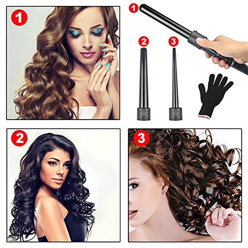 iMissiu Tourmaline 3 in 1 Curling Wand Set with 3 Interchangeable Curling Iron Ceramic Barrels with Heat Resistant Glove â€“ Black - Image 5