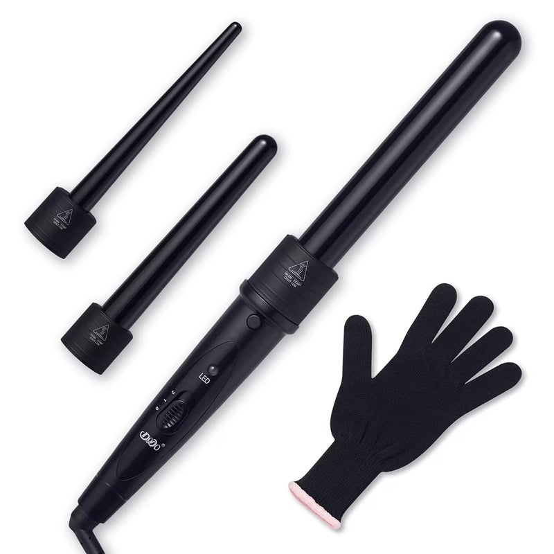 iMissiu Tourmaline 3 in 1 Curling Wand Set with 3 Interchangeable Curling Iron Ceramic Barrels with Heat Resistant Glove â€“ Black - Image 1