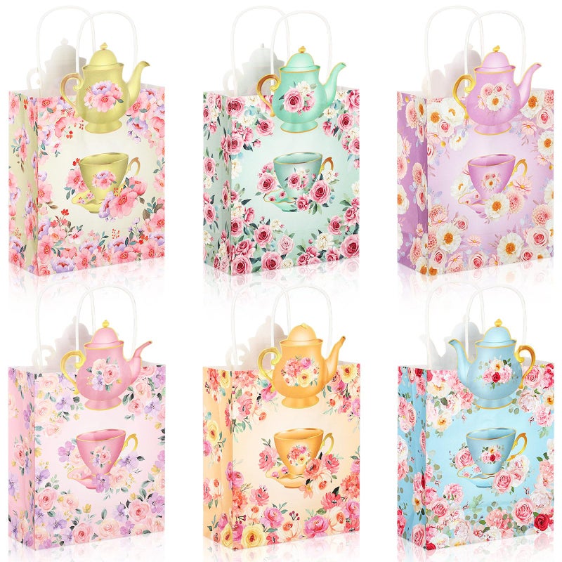 Lincia 24 Pack Tea Party Favor Bags Tea Party Decorations Floral Gift Goodie Treat Bags with Handles for Birthday Goody Wedding Events Favors Mother's Day Supplies - Image 1