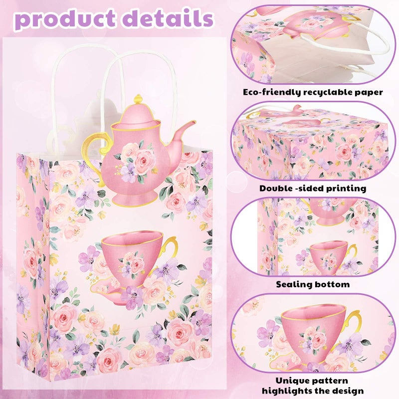 Lincia 24 Pack Tea Party Favor Bags Tea Party Decorations Floral Gift Goodie Treat Bags with Handles for Birthday Goody Wedding Events Favors Mother's Day Supplies - Image 3