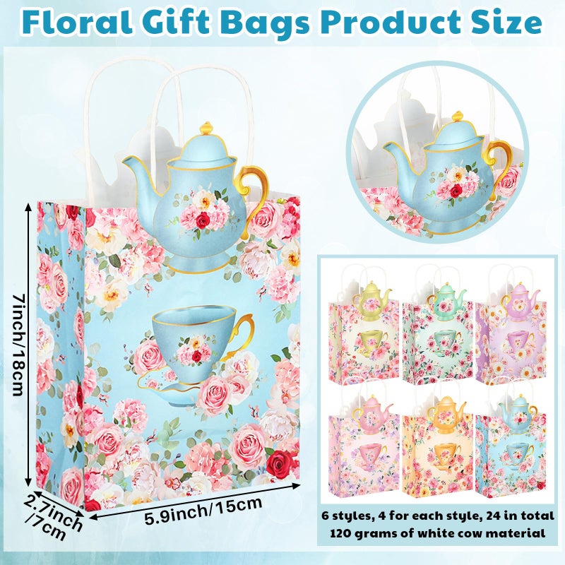 Lincia 24 Pack Tea Party Favor Bags Tea Party Decorations Floral Gift Goodie Treat Bags with Handles for Birthday Goody Wedding Events Favors Mother's Day Supplies - Image 2