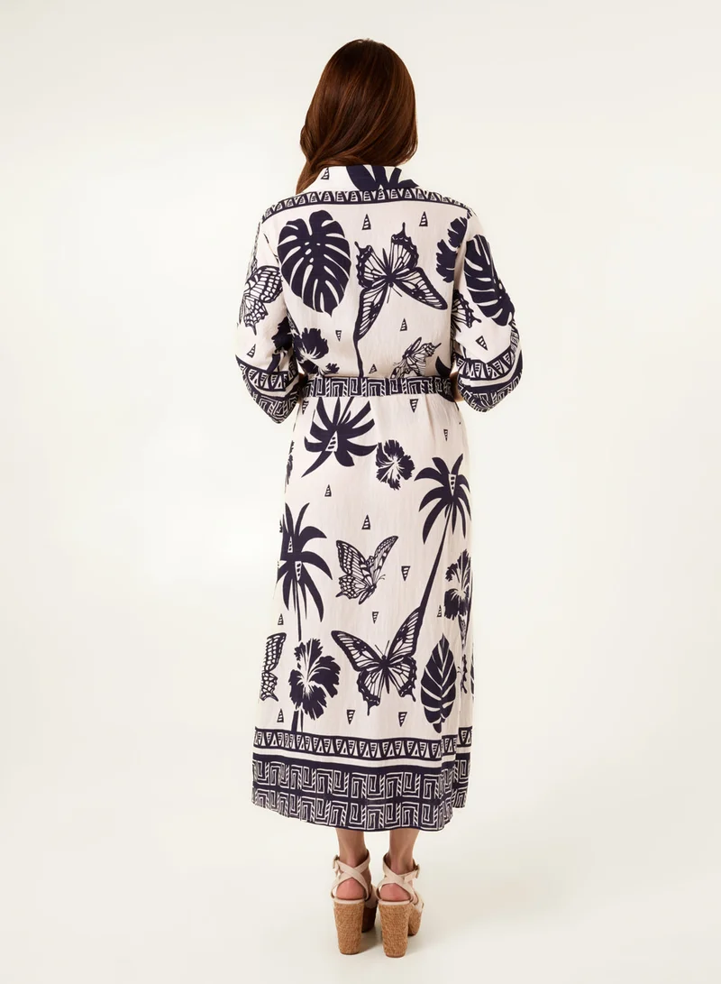 بلو فانيلا فستان قميص بطبعة فراشات استوائية مجردة