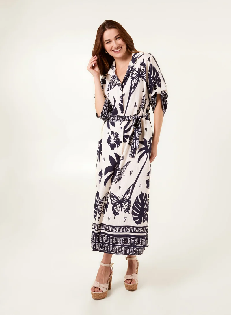 بلو فانيلا فستان قميص بطبعة فراشات استوائية مجردة