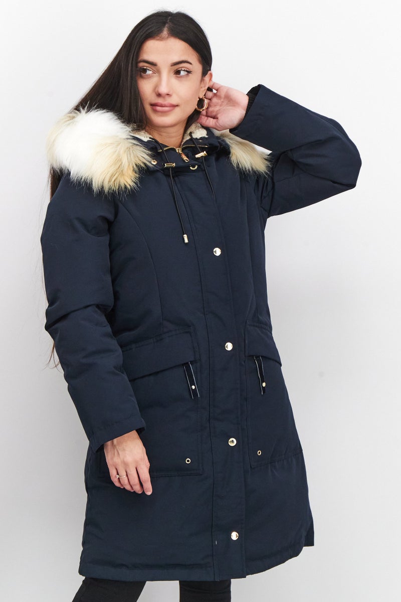 Sam Edelman Women Solid 3/4 Sleeve Long Sleeve Parka Jacket, Navy/Ivory - Image 1