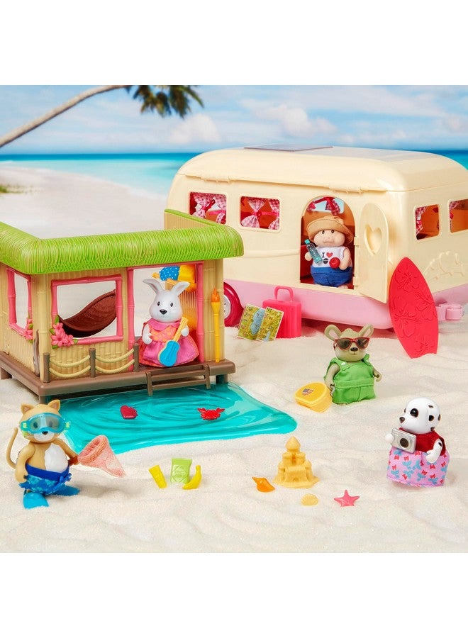 Li'L WOODZEEZ Li’l Woodzeez - Sunshine Tiki Hut Beach Party - Stackable Dollhouse Playset - 2 Posable Doll Figures & 1 Storybook Included - Miniature Beach Toys & Accessories - Pretend Play Toy Gift for Kids 3+ - Image 4