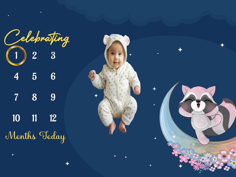 Hoolloomooloo Hoolloomooloo Baby Monthly Milestone Blanket | Starry Night Raccoon Design | 1-12 Months | Soft Blanket | Includes Golden Ring & 15 Milestone Cards | Growth Tracker & Photoshoot Prop | 120x90 cm  - Image 2