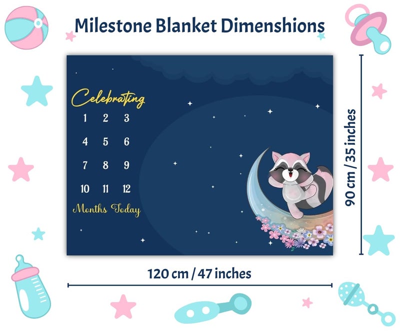 Hoolloomooloo Hoolloomooloo Baby Monthly Milestone Blanket | Starry Night Raccoon Design | 1-12 Months | Soft Blanket | Includes Golden Ring & 15 Milestone Cards | Growth Tracker & Photoshoot Prop | 120x90 cm  - Image 3