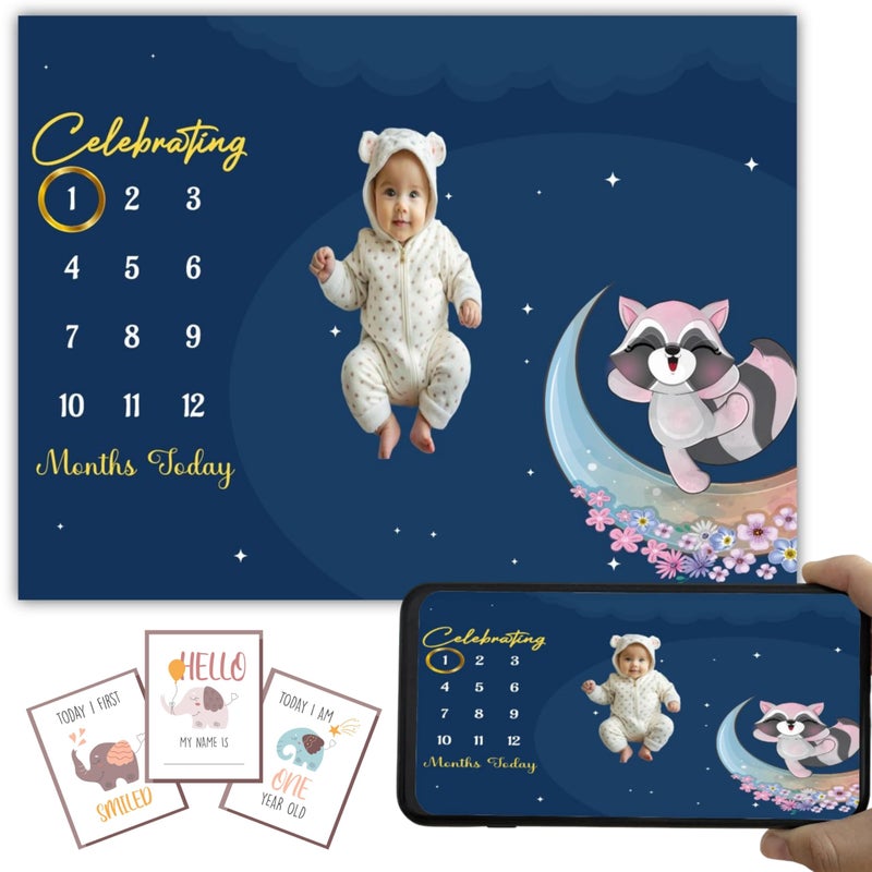 Hoolloomooloo Hoolloomooloo Baby Monthly Milestone Blanket | Starry Night Raccoon Design | 1-12 Months | Soft Blanket | Includes Golden Ring & 15 Milestone Cards | Growth Tracker & Photoshoot Prop | 120x90 cm  - Image 1