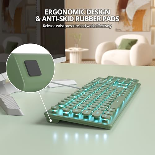 surmen Cute Quiet Keyboard Green Wired Typewriter Keyboard, Light Up Backlit PC Keyboards with Retro Round Keys Full Size 104 Keys for Office Computer (Dark Green) - Image 5