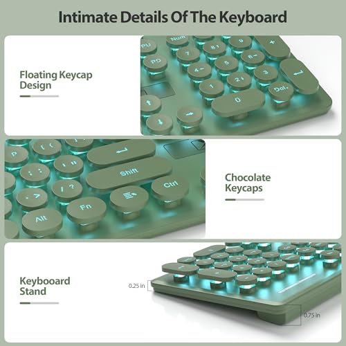 surmen Cute Quiet Keyboard Green Wired Typewriter Keyboard, Light Up Backlit PC Keyboards with Retro Round Keys Full Size 104 Keys for Office Computer (Dark Green) - Image 4