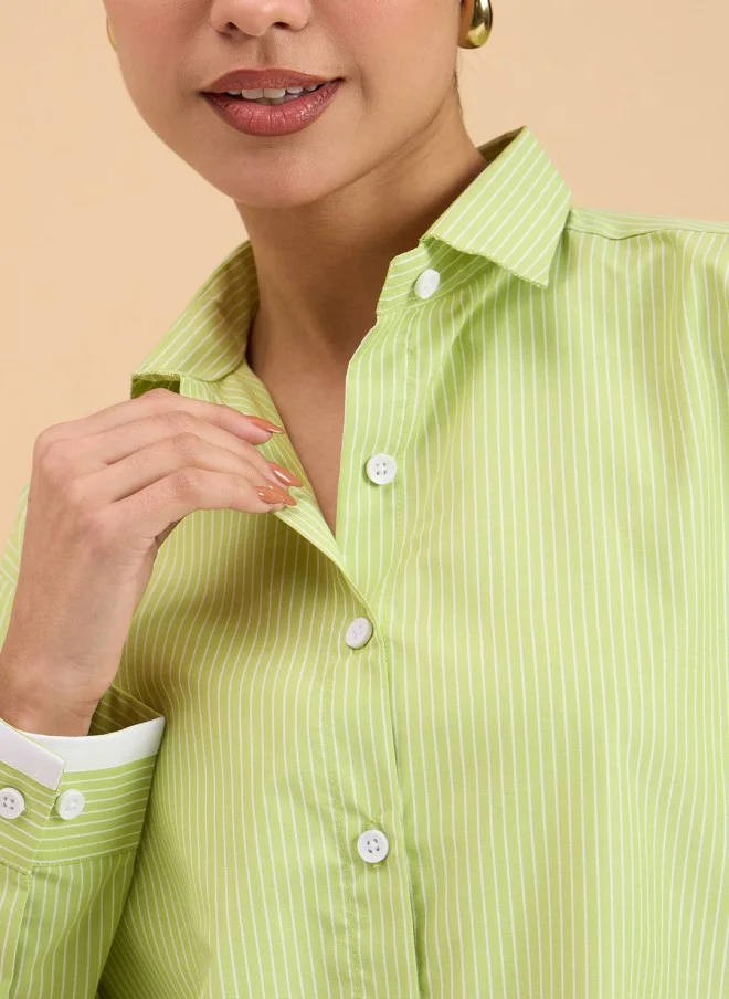 SASSAFRAS Green Oversized Pinstripe Casual Shirt for Women
