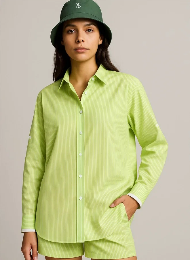 SASSAFRAS Green Oversized Pinstripe Casual Shirt for Women