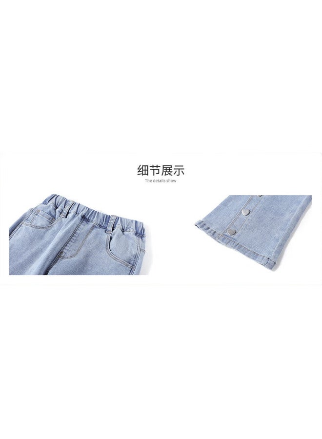 Ask Junior Girls' Pants Autumn Season, Button-Up Cuff Pants, Wide-Leg Jeans For Older Children, Blue, Size 160 - Image 1