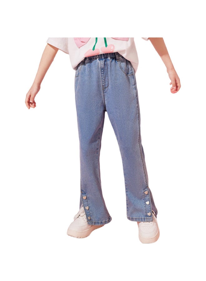 Ask Junior Girls' Pants Autumn Season, Button-Up Cuff Pants, Wide-Leg Jeans For Older Children, Blue, Size 160 - Image 3