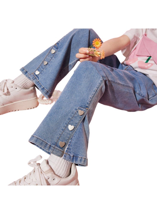 Ask Junior Girls' Pants Autumn Season, Button-Up Cuff Pants, Wide-Leg Jeans For Older Children, Blue, Size 160 - Image 2