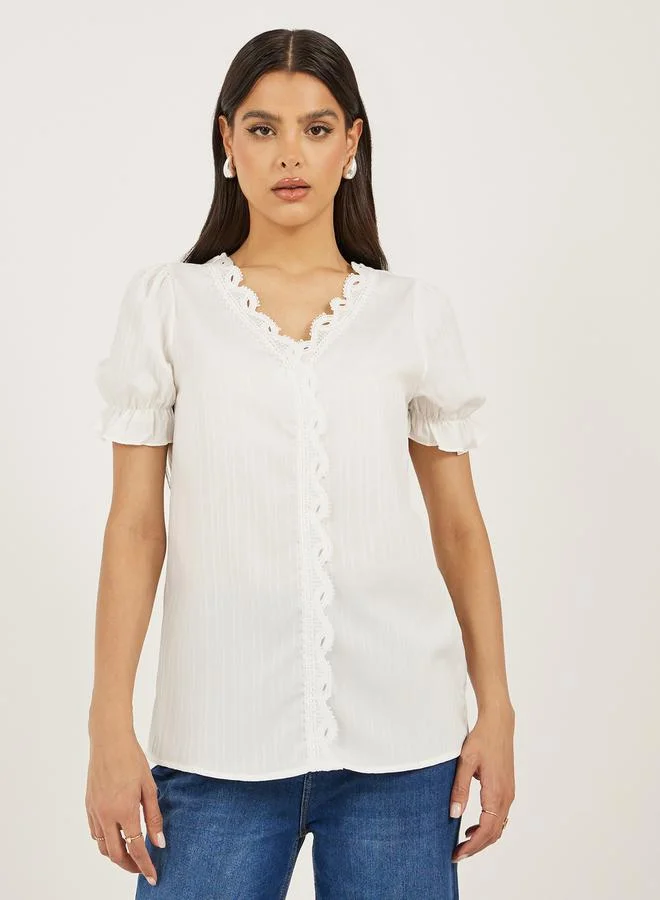Styli White Solid Lace Trim Blouse