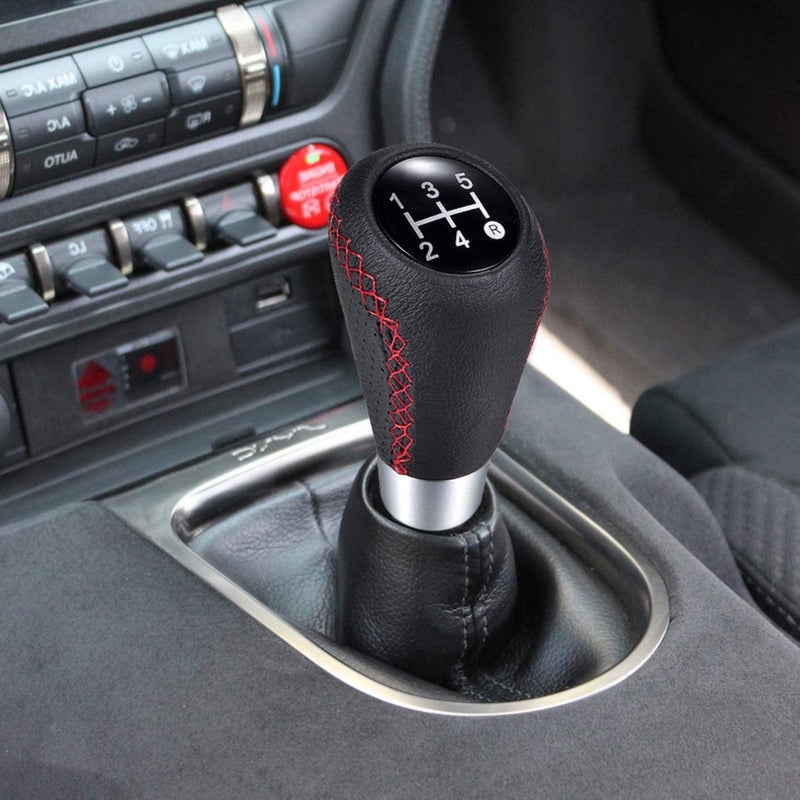 Car Manual Gear Shift Knob Shifter Black Leather Red Stitch 5 Speed Universal 8mm 10mm 12mm - Image 2