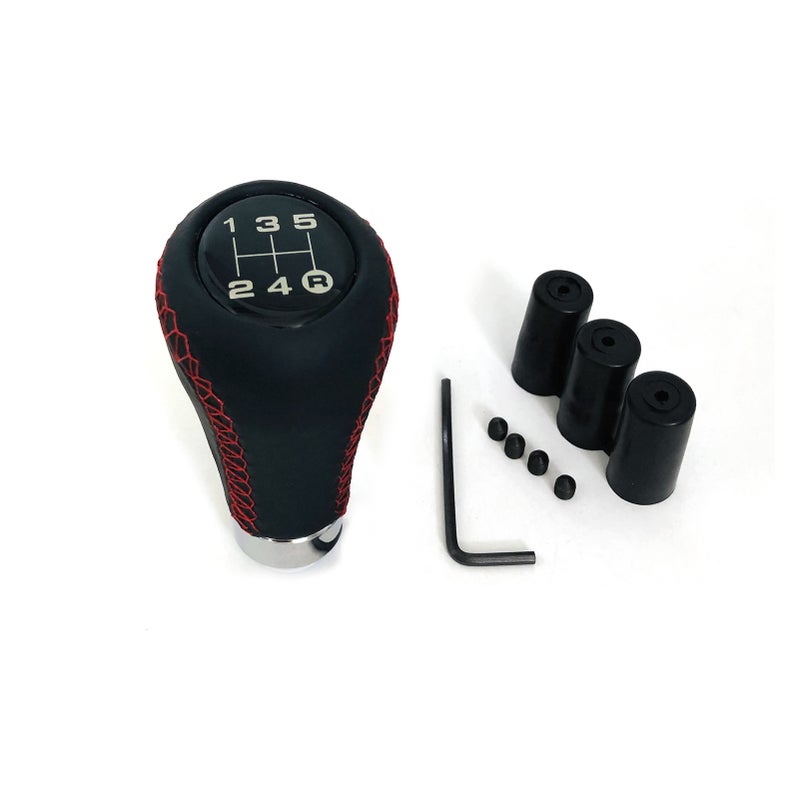 Car Manual Gear Shift Knob Shifter Black Leather Red Stitch 5 Speed Universal 8mm 10mm 12mm - Image 1