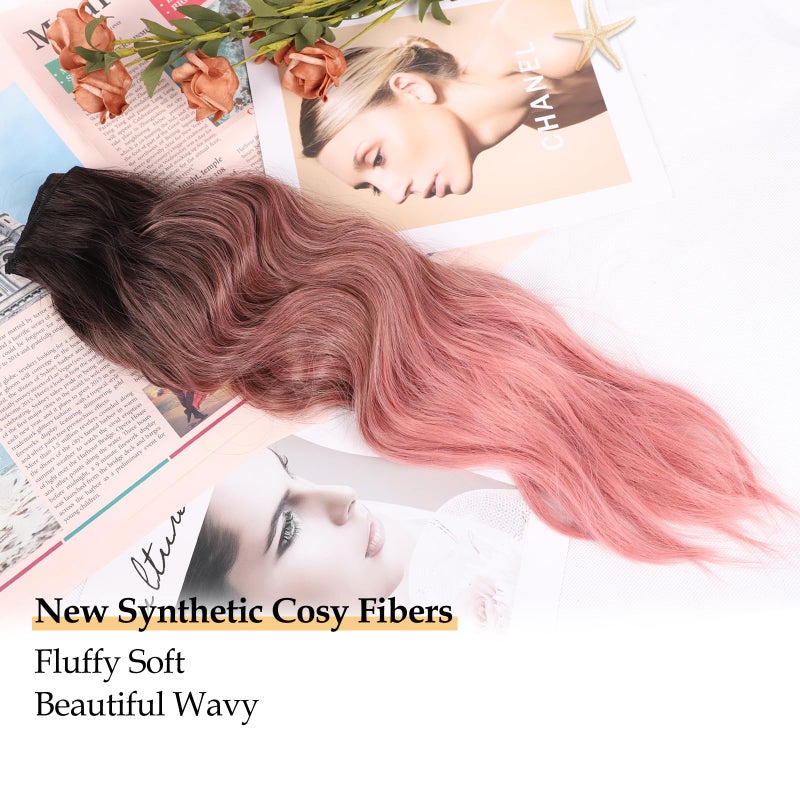 Perience 20 Inch Clip in Hair Extensions Long Wavy Pink Hair Extensions Clip ins Thick Synthetic Pink Wave Hair Extension Double Weft Hair Clips for Women (20INCH) - Image 3