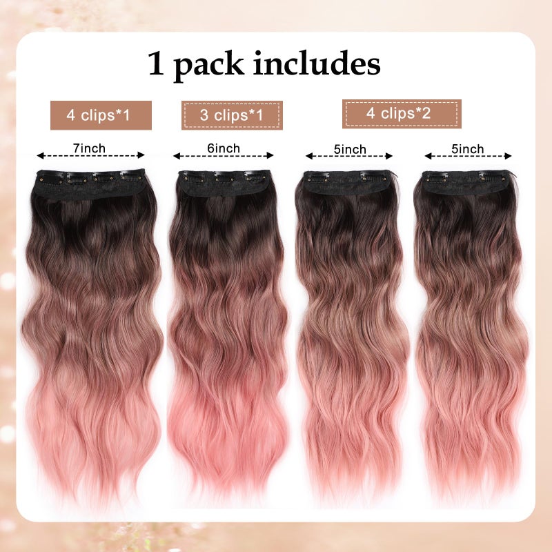 Perience 20 Inch Clip in Hair Extensions Long Wavy Pink Hair Extensions Clip ins Thick Synthetic Pink Wave Hair Extension Double Weft Hair Clips for Women (20INCH) - Image 2