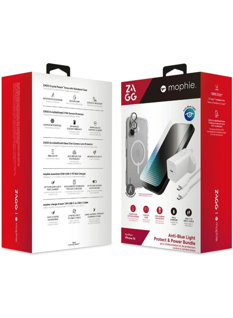 ZAGG & Mophie Anti-Blue Light Protect & Power Bundle for iPhone 16 Crystal Palace Snap Case, InvisibleShield XTR4 Screen & Camera Lens Protector, 20W USB-C PD Wall Charger, USB-C to USB-C Cable - Image 2