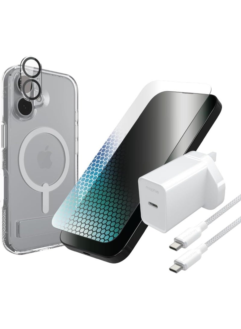 ZAGG & Mophie Anti-Blue Light Protect & Power Bundle for iPhone 16 Crystal Palace Snap Case, InvisibleShield XTR4 Screen & Camera Lens Protector, 20W USB-C PD Wall Charger, USB-C to USB-C Cable - Image 1