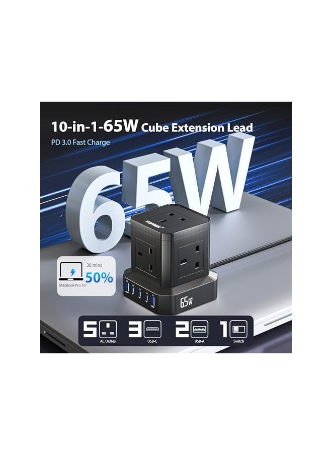PROMASS promass 65W PD3.0 Fast Charge Extension Lead with Usb Slots, Simultaneous Fast-charging of 10 devices, Usb Extension Cable Multi Plug Extension Socket  - Image 2