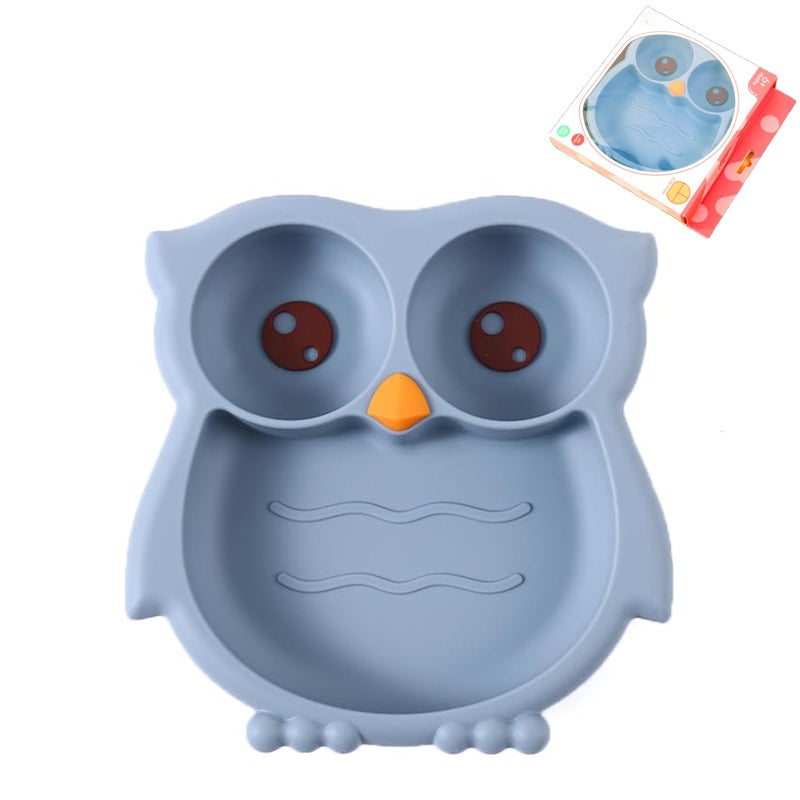 PandaEar Toddler Suction Plates, Stay Put Divided Baby Plates, Owl Shape BPA-Free 100% Food-Grade Silicone Unbreakable Baby Plate, Baby Feeding Supplies (Blue) - Image 1