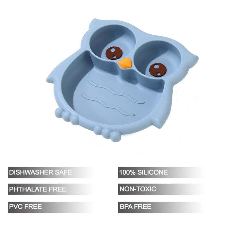 PandaEar Toddler Suction Plates, Stay Put Divided Baby Plates, Owl Shape BPA-Free 100% Food-Grade Silicone Unbreakable Baby Plate, Baby Feeding Supplies (Blue) - Image 2
