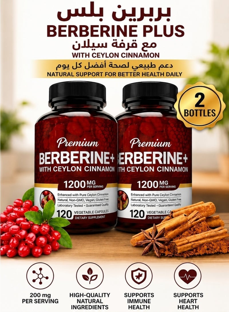 بريميم عبوتان من مكمل البربرين الممتاز مع قرفة سيلانية 1200 ملغ - حبوب مكملات جذور البربرين هيدروكلوريد - لتقوية جهاز المناعة - توفر تركيزًا مثاليًا من حمض الهيدروكلوريك بنسبة 8% - Image 1