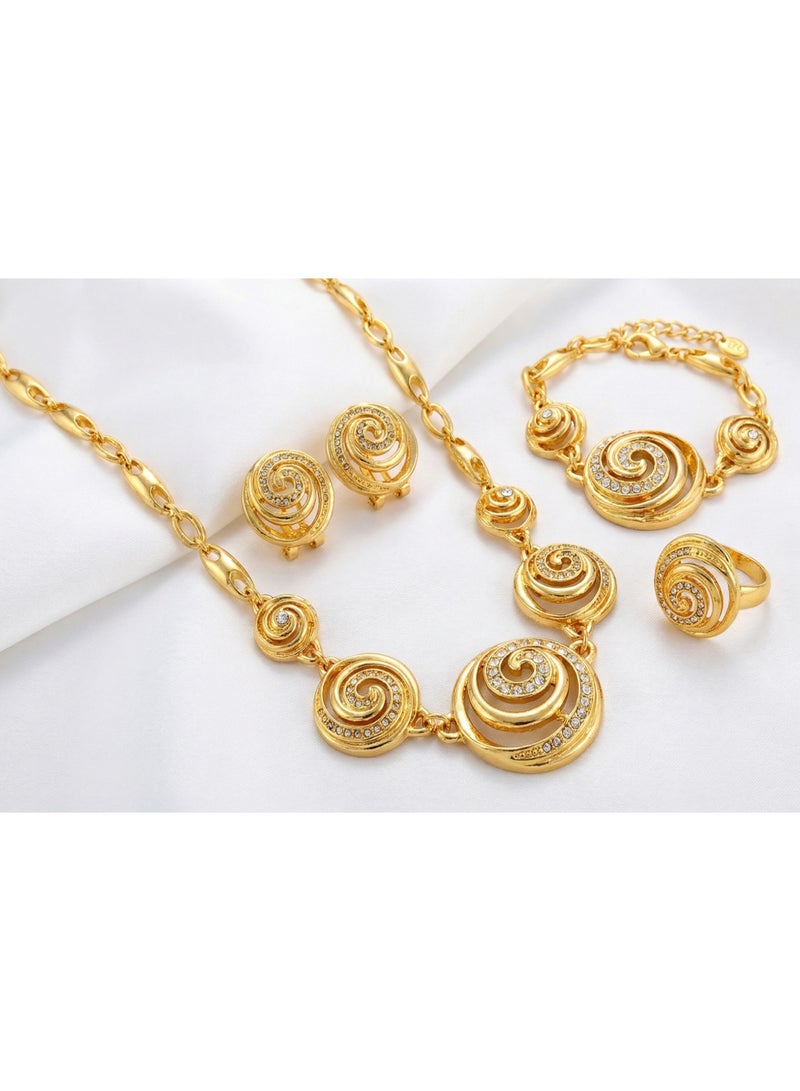 DubaiGallery Radiant Gold Spiral Jewelry Set Featuring an Elegant Necklace, Matching Bracelet, Dazzling Earrings, and Statement Ring Designed with Intricate Swirl Motifs and Sparkling Stones for Timeless Beauty and Sophisticated Style. - Image 2
