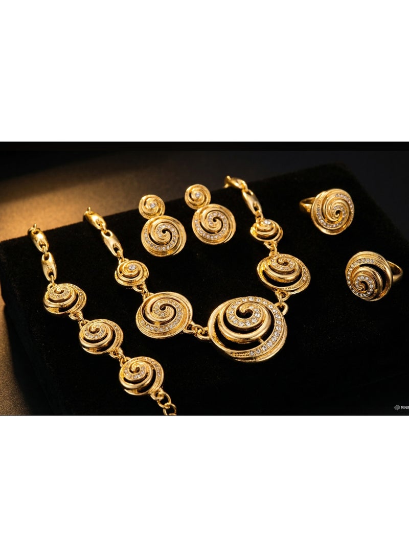 DubaiGallery Radiant Gold Spiral Jewelry Set Featuring an Elegant Necklace, Matching Bracelet, Dazzling Earrings, and Statement Ring Designed with Intricate Swirl Motifs and Sparkling Stones for Timeless Beauty and Sophisticated Style. - Image 3