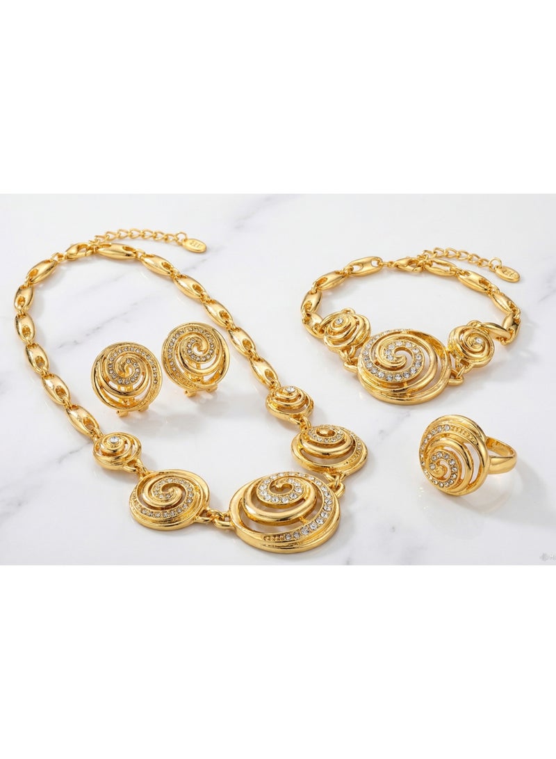 DubaiGallery Radiant Gold Spiral Jewelry Set Featuring an Elegant Necklace, Matching Bracelet, Dazzling Earrings, and Statement Ring Designed with Intricate Swirl Motifs and Sparkling Stones for Timeless Beauty and Sophisticated Style. - Image 1