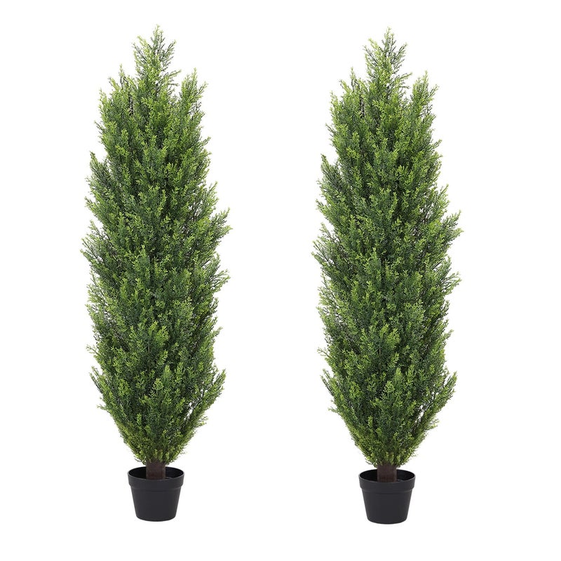 THE BLOOM TIMES Artificial Topiary Cedar Trees Outdoor 4FT Tall 2 Set, Realistic Faux Pine Cypress Shrubs Bushes, UV Resistant Large Fake Evergreen Plants for Front Porch Outside Planter Decor 4 Foot - Image 1