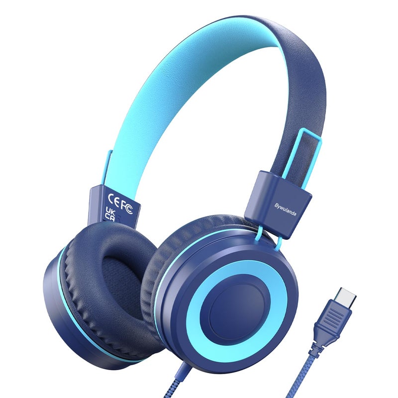 Bywulanda Upgrade USB Type C Kids Headphone for School, 94dB Safe Volume Limited, HD Stereo Sound, Foldable Lightweight On-Ear Headphones for Boys/Girls/Students/Tablet/Travel (Dark Blue) - Image 1