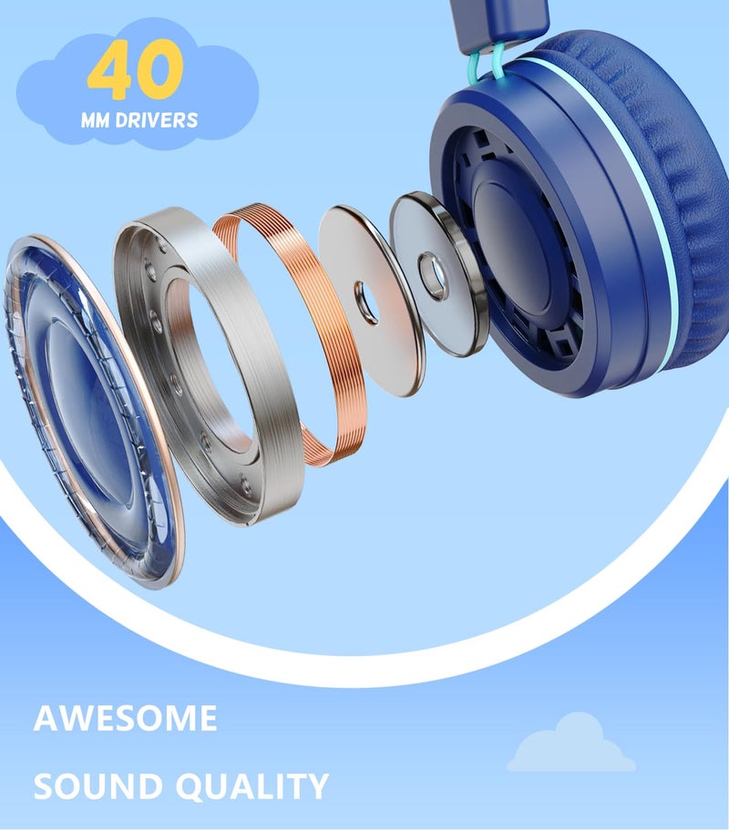 Bywulanda Upgrade USB Type C Kids Headphone for School, 94dB Safe Volume Limited, HD Stereo Sound, Foldable Lightweight On-Ear Headphones for Boys/Girls/Students/Tablet/Travel (Dark Blue) - Image 3