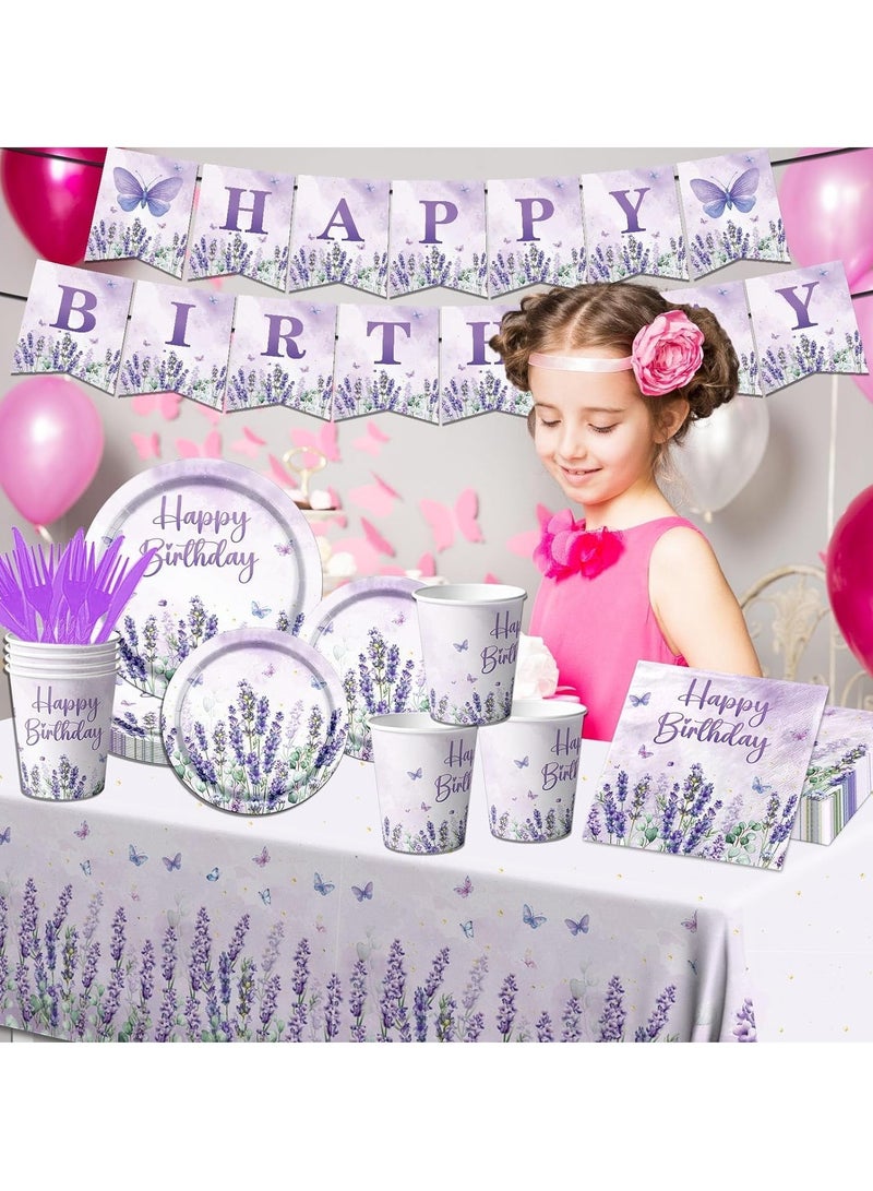 SYOSI Disposable Tableware Set with Disposable Plates Napkins Cups Forks Tablecloth and Happy Birthday Banner, Lavender Purple Birthday Party Decorations Purple Butterfly Party Supplies Decor 102Pcs - Image 5